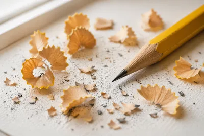 Close-Up Pencil Shavings on Study Desk