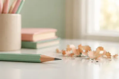 Sharpened Pencil and Shavings on Classroom Desk