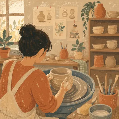Art Student Shaping Clay on Pottery Wheel
