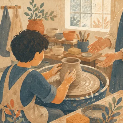 Student Shaping Clay at Pottery Wheel