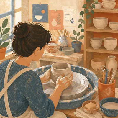 Pottery Student Shaping Clay in Studio