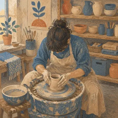 Art Student Shaping Clay at Pottery Wheel