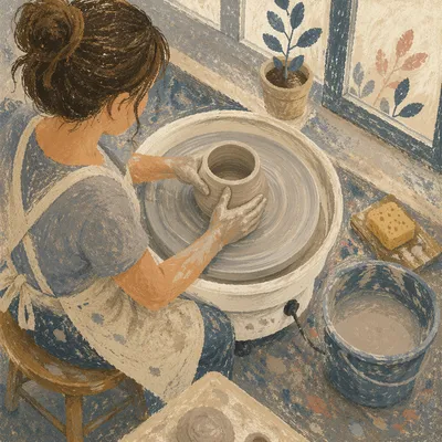 Student Shaping Clay at Pottery Wheel