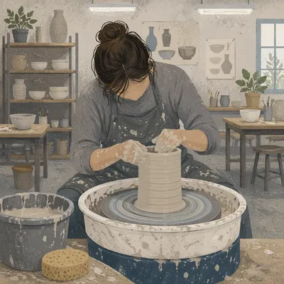 Pottery Student Shaping Clay in Studio