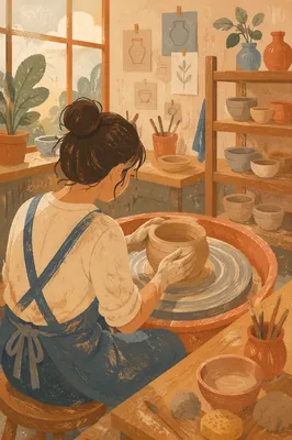 Art Student Shaping Clay on Pottery Wheel