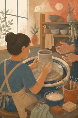 Student Shaping Clay at Pottery Wheel