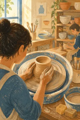 Pottery Student Creating at Studio Wheel