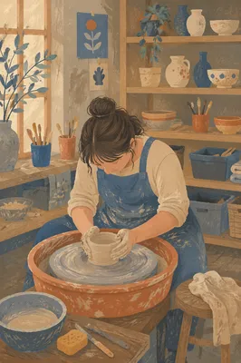 Art Student Learning Pottery at Wheel