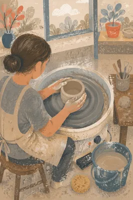 Student Shaping Clay on Pottery Wheel