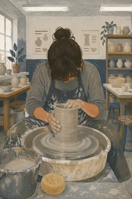 Pottery Student Shaping Clay in Studio