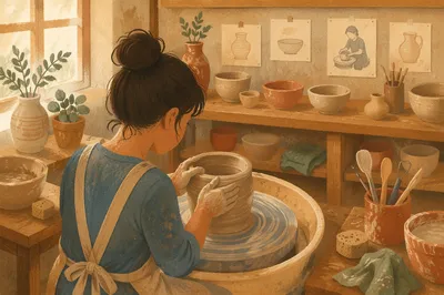 Art Student Shaping Clay on Pottery Wheel
