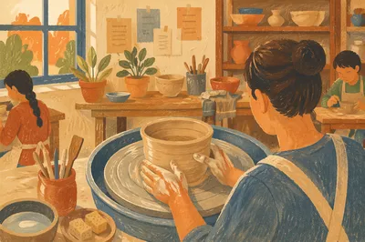 Pottery Student Shaping Clay in Studio