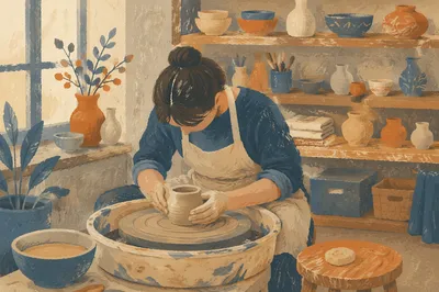 Art Student Learning Pottery at Wheel