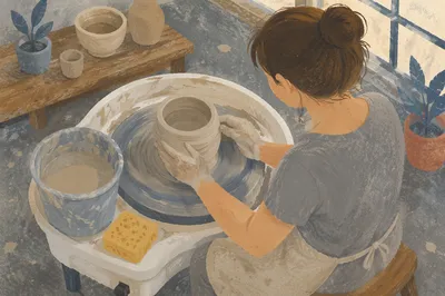Student Shaping Clay on Pottery Wheel