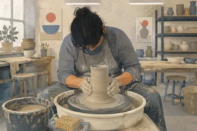 Adult Pottery Student Shaping Clay Cylinder