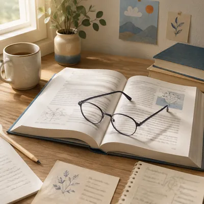 Reading Glasses Resting on Open Textbook