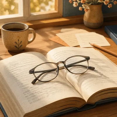 Reading Glasses on Open Textbook Desk