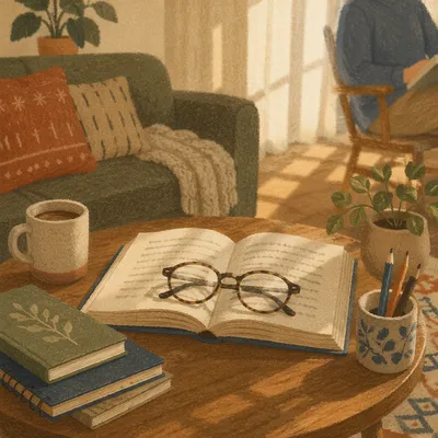 Reading Glasses on Open Textbook Table