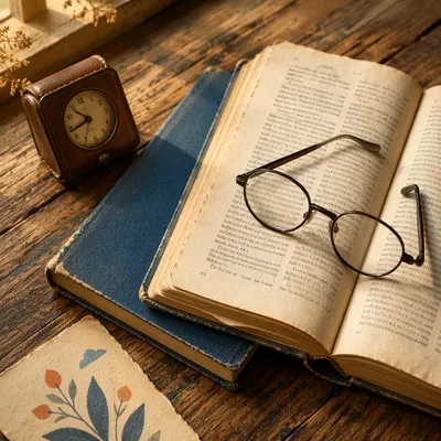 Reading Glasses on Open Textbook Desk