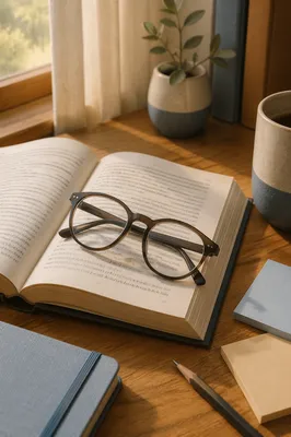 Reading Glasses on Open Textbook Desk