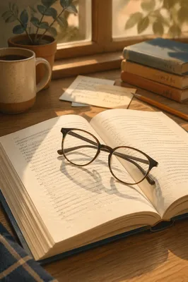 Reading Glasses on Open Textbook Desk