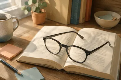 Reading Glasses on Open Textbook Desk