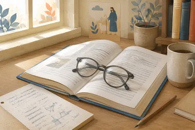 Reading Glasses on Open Textbook Desk