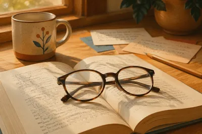 Reading Glasses on Open Textbook Desk