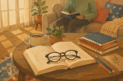 Reading Glasses on Open Textbook Table