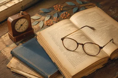 Reading Glasses on Open Textbook Desk