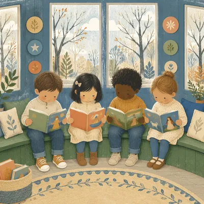 Children Reading Together in Library Storytime