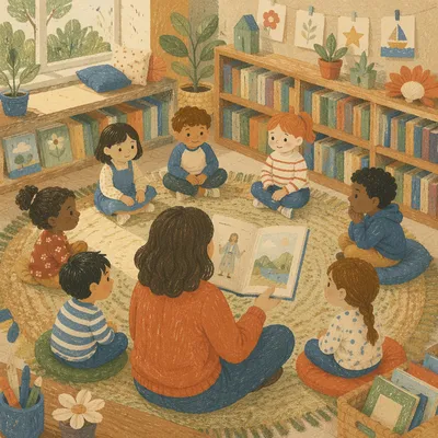 Cozy Library Storytime Circle with Children