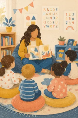 Cozy Library Storytime Circle With Children