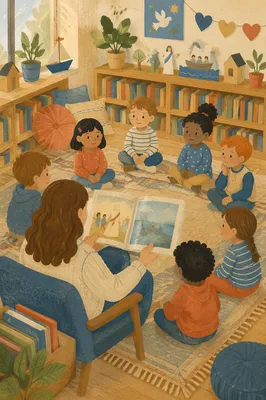 Cozy Library Storytime Circle With Children