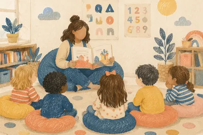 Cozy Library Storytime Circle With Children