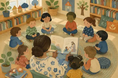 Cozy Library Storytime Circle with Children