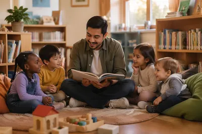Father Reading to Children in Library