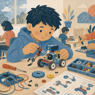Student Assembling Small Robot in Class