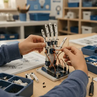 Student Assembling Small Robot Hand in Class