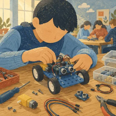 Student Assembling Small Robot in Classroom