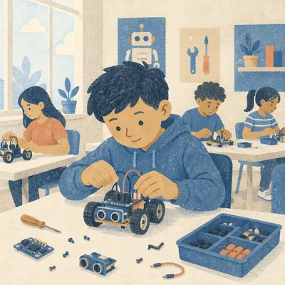 Student Building Small Robot in Classroom