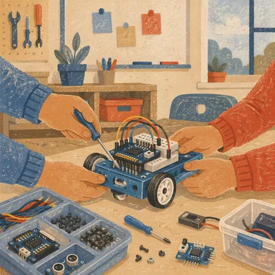 Students Building Educational Robot in Classroom