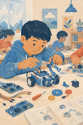 Student Assembling Small Robot in Classroom