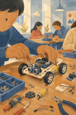 Student Assembling Small Robot in Classroom