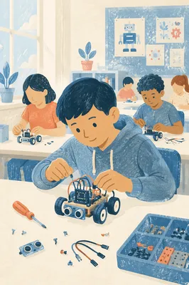 Student Building Small Robot in Classroom