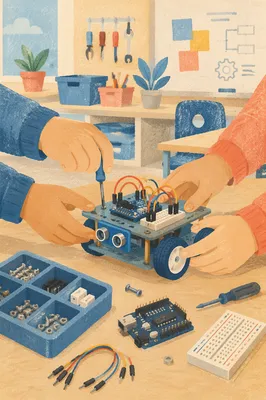 Students Building Educational Robot in Classroom