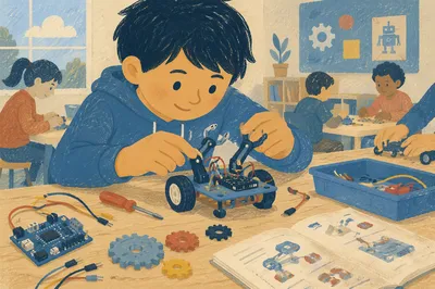 Student Assembling Small Robot in Class