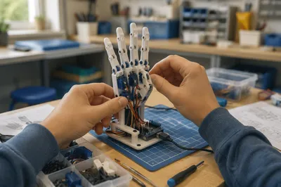Student Assembling Small Robot Hand in Class
