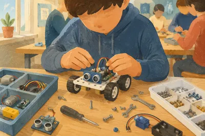 Student Assembling Small Robot in Class