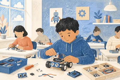 Student Building Small Robot in Classroom